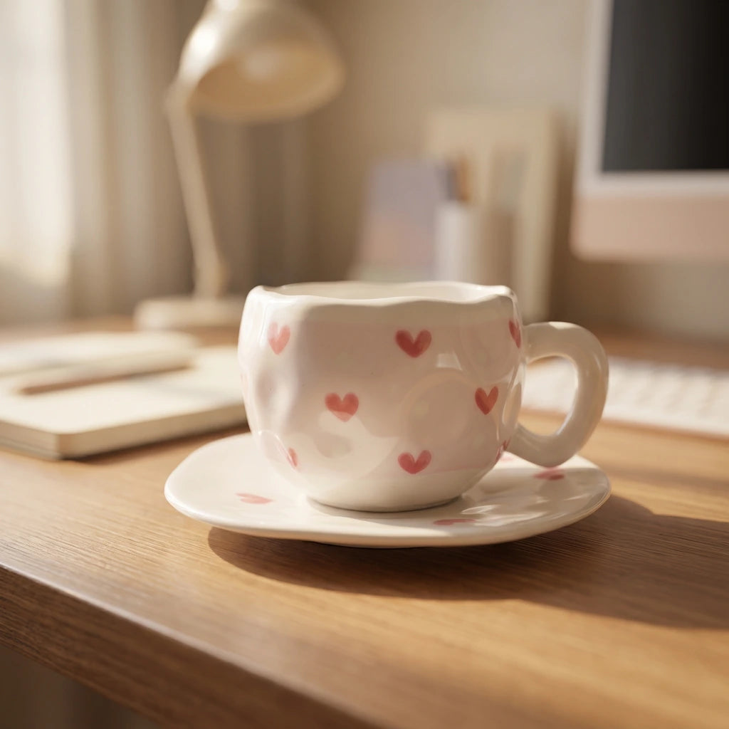 Pink Hearts Cup with Plate ☕💕