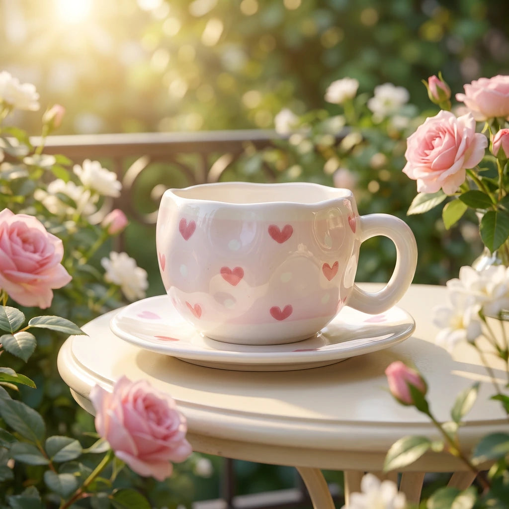 Pink Hearts Cup with Plate ☕💕