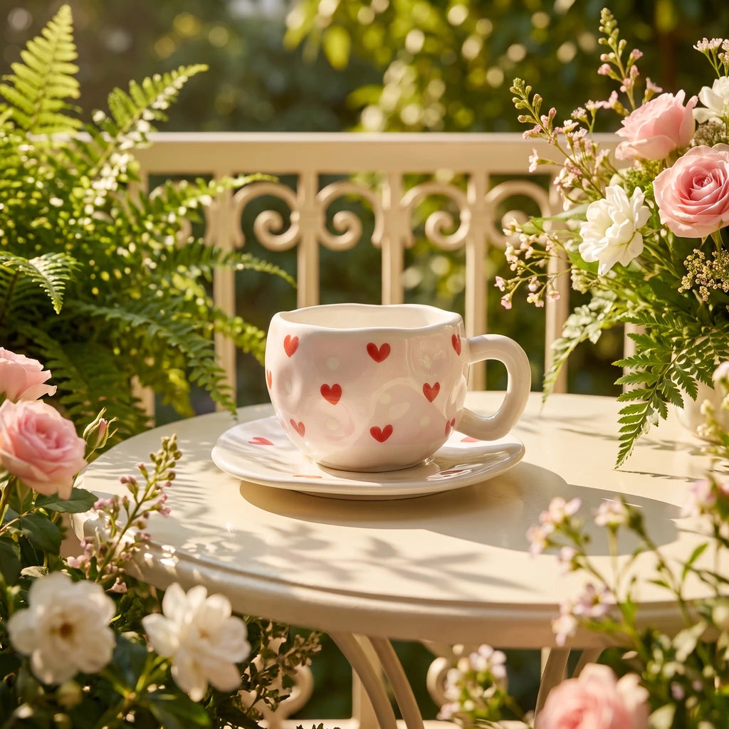 Red Hearts Cup with Plate ☕❤️