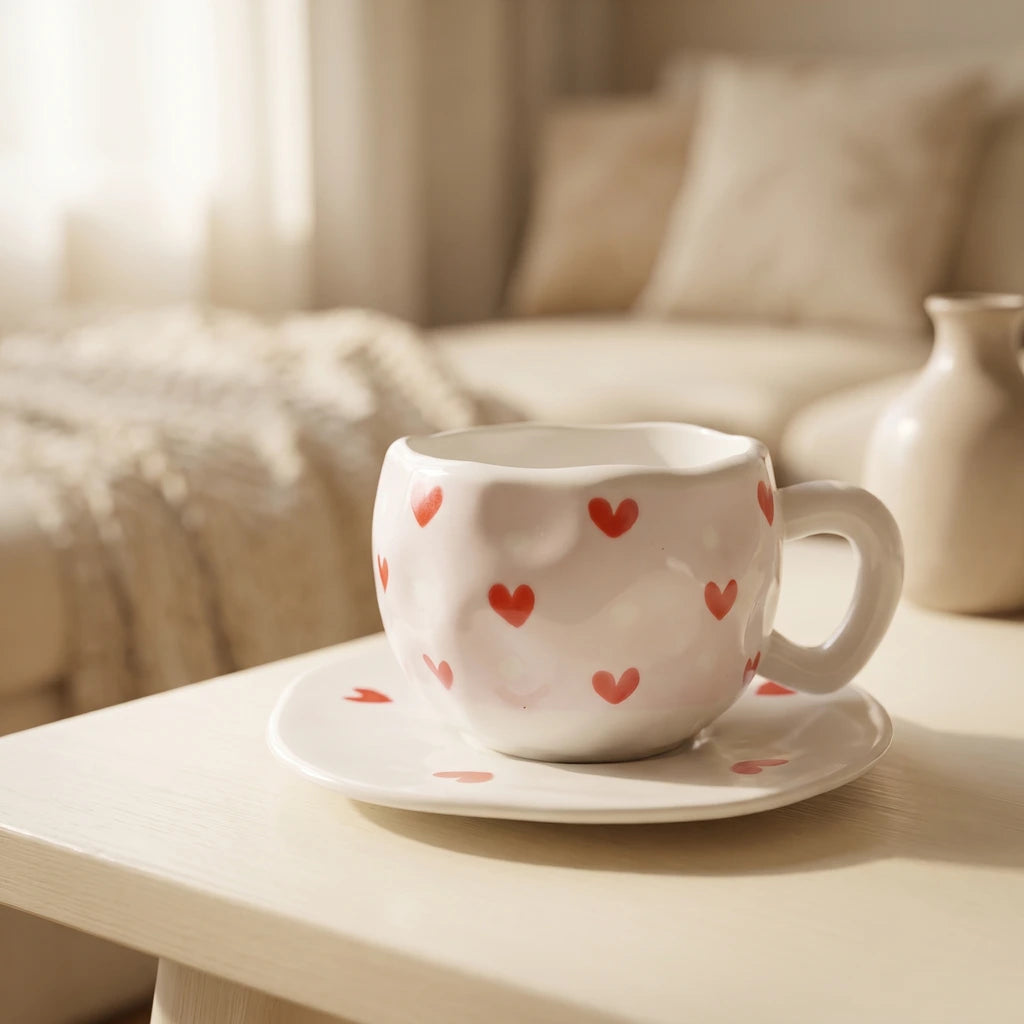 Red Hearts Cup with Plate ☕❤️