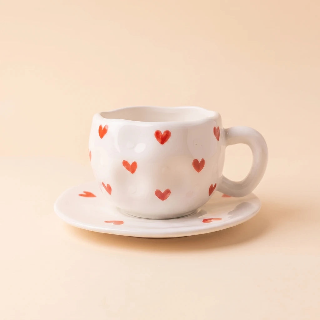 Red Hearts Cup with Plate ☕❤️