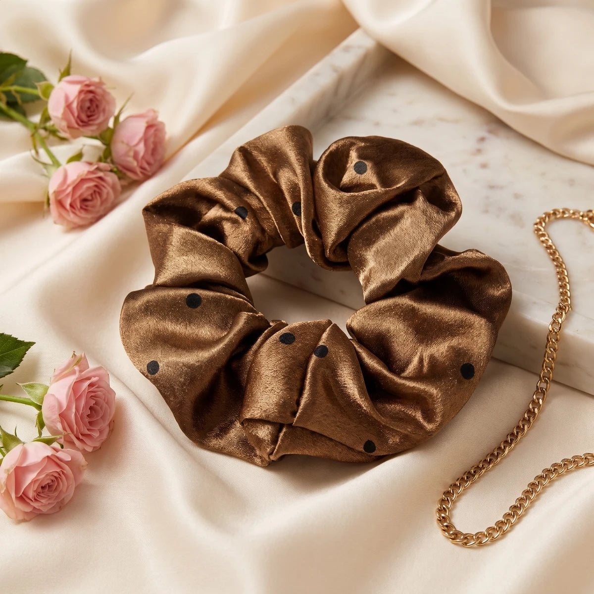 Spaced Dot Satin Scrunchie 🎀 - Brown