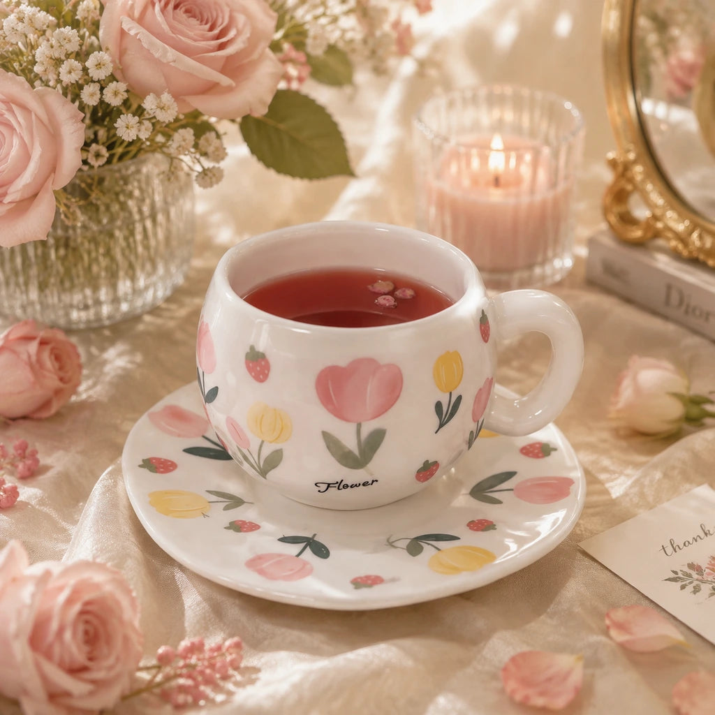 Tulip & Strawberry Cup with Plate 🌷🍓