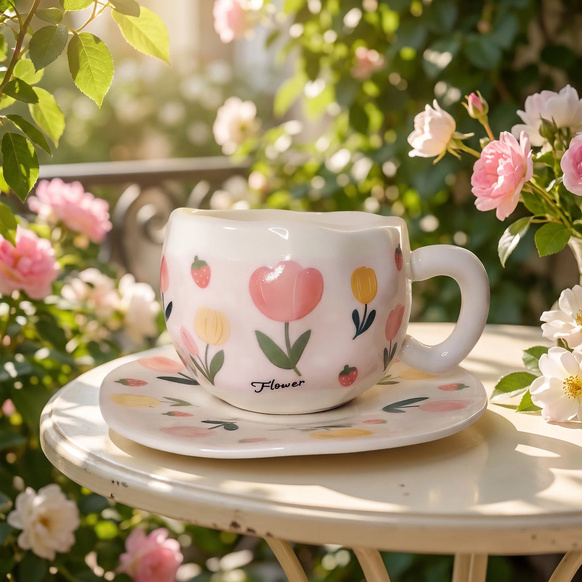 Tulip & Strawberry Cup with Plate 🌷🍓