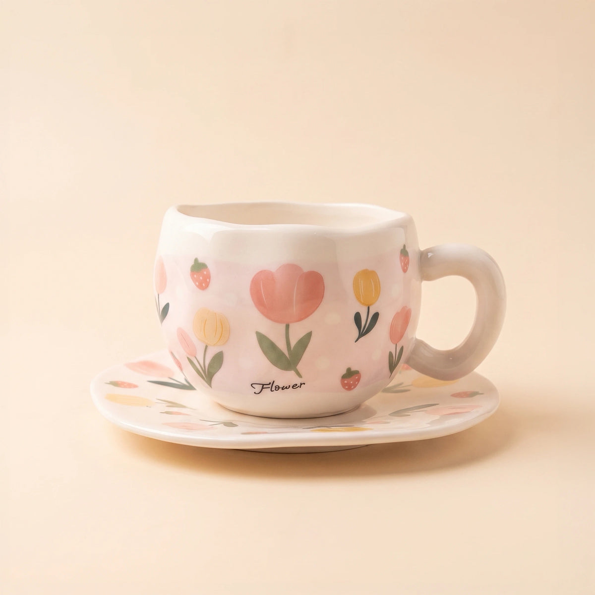 Tulip & Strawberry Cup with Plate 🌷🍓