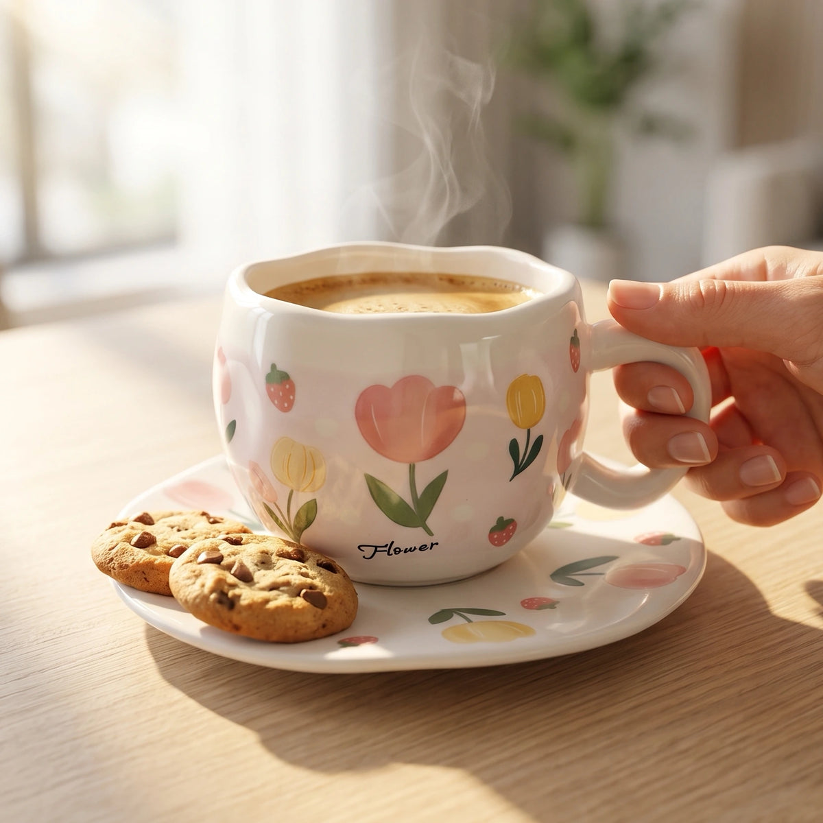 Tulip & Strawberry Cup with Plate 🌷🍓
