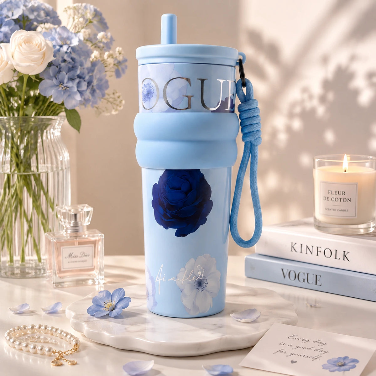Vogue Floral Tumbler – Ocean Blue 🩵
