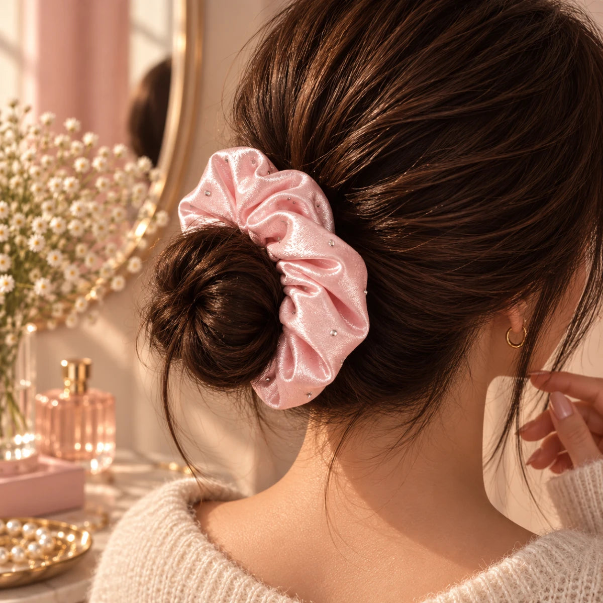Crystal Satin Scrunchie - Pink